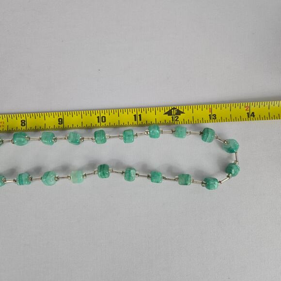 Glass Beaded Necklace with Square Sea Green Beads & White Glass Cut Beads - Picture 11 of 11